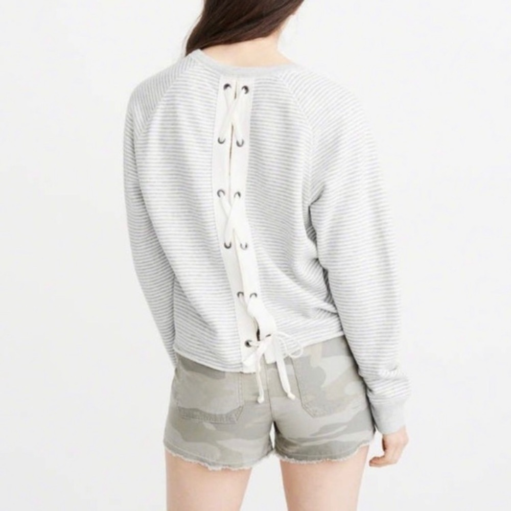 ABERCROMBIE & FITCH Gray Striped Lace-Up Back Sweatshirt Sweater Top Med